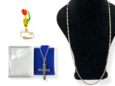 Silver Twisted Rope Chain, Silver Cross Necklace w/Marcasites and a Single Earring in Blown Glass