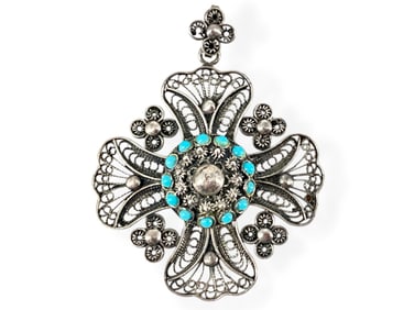 Pretty Blue Filigree Cross Pendant in Silver