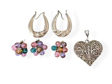 Silver Earrings & Pendant w/Colorful Briolettes, Filigree Silver Heart Pendant and Silver Hoop