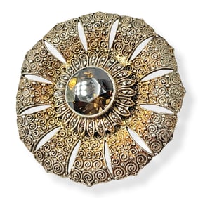 Beautiful Silver Cannetille Brooch w/Quartz Center Stone and Tiny Marcasite Accents Hallmarked