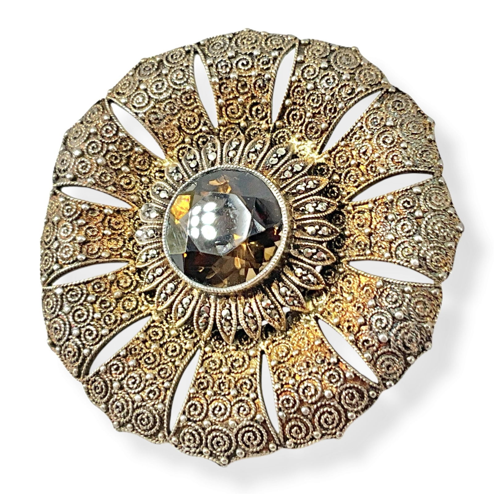 Beautiful Silver Cannetille Brooch w/Quartz Center Stone and Tiny Marcasite Accents Hallmarked: Beautiful Silver Cannetille Brooch w/Quartz Center Stone and Tiny Marcasite Accents Hallmarked "Original Fahrner 925"Circular-shaped brooch is marked and tested for silver with a gold overlay, metal i