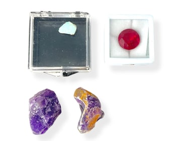 Large Pretty Red Ruby (Synthetic), Small Piece of Opal in Host Rock and Two Rough Pieces of Amethyst