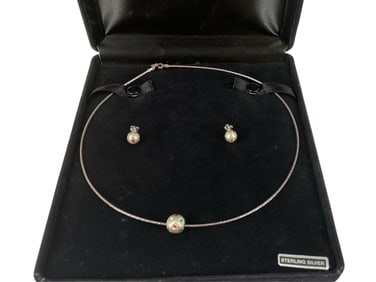 Sterling Silver Choker Necklace with Slide Pendant and Matched Earrings
