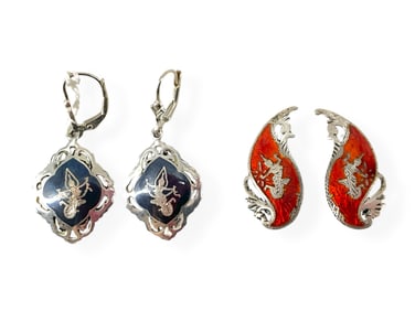 Niello Siam Silver Earrings and Red Enamel Siam Earrings