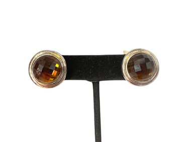 Attractive Sterling Silver Faceted Smokey Quartz Earrings w/Hidden Ruby Hallmarked "Elle"