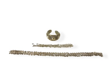 Vintage Silver Necklace with a Curlicue Design, Matching Silver Bracelet and Silver-Tone Cuff