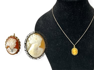 Two Vintage Carved Shell Cameos and a Faux Shell Cameo Necklace