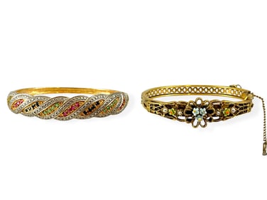 Bangle Bracelet w/Rubies, Sapphires and Emeralds Plus Gold-Tone Bangle w/Flowers and Fashion Chain