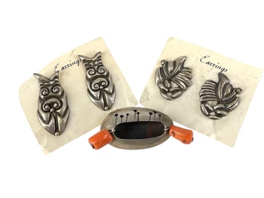 Two Pair of Vintage Sterling Silver Earrings and a Sterling Silver Object w/Coral Decoration