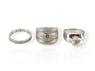 Three Silver Rings w/DiamantÈ Stones