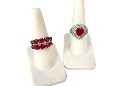 Synthetic Ruby Heart-Shaped Ring and Multiple Heart-Shaped Synthetic Ruby Stone Band