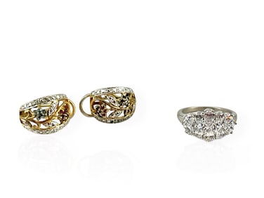 Sparkly Silver Ring w/CZ Cluster and Silver Earrings w/Gold Overlay Featuring Tiny Sapphires and