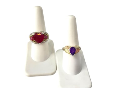Synthetic Ruby Heart Ring and Silver Ring w/Amethyst
