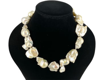 Showy Designer Baroque Pearl Necklace w/18k White Gold Clasp