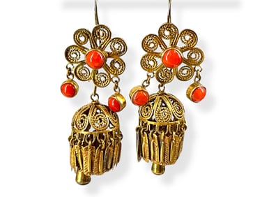 Jane Diaz Sterling Silver/Vermeil Dangle Earrings with Coral Cabochons