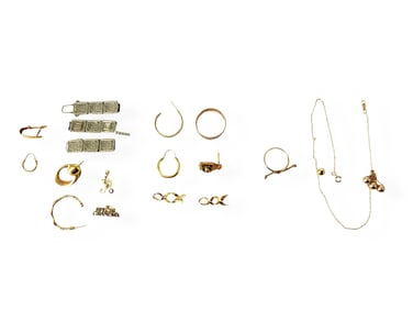 Bag of 14k Scrap Jewelry Pieces in White and Yellow Gold, Bag of Vintage Gold-Filled Jewelry