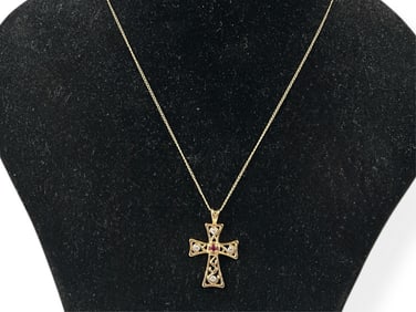 Lovely 10k Cross Necklace w/Ruby and Tiny Diamond Accents