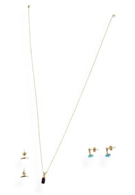 Two Pair of Tiny Post-Back Earrings and a 14k Necklace w/Small Amethyst Pendant