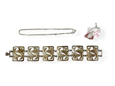 Wide Vintage Sterling Silver Bracelet, Cute Sterling Silver Dog Pendant and Silver Chain