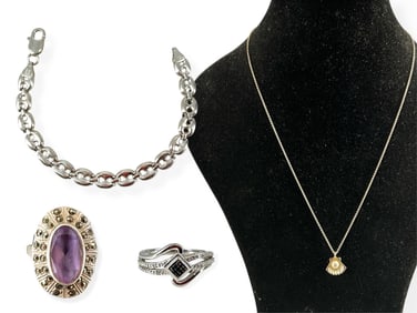Mariner Link Silver Bracelet, Sterling Silver Shell & Pearl Necklace and Two Silver Rings