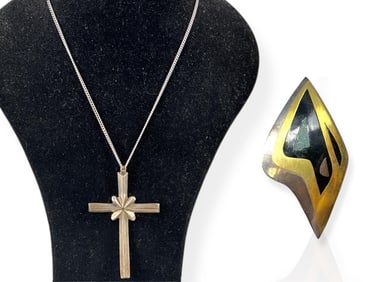 Large Sterling Silver Cross Pendant, Artistic Style Modern Inlay Brooch
