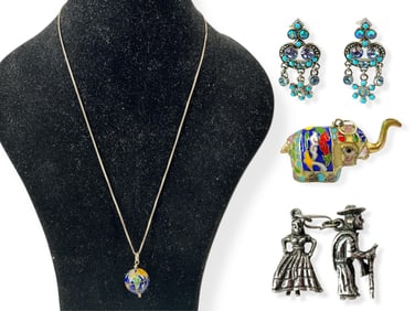 Silver Charms, CloisonnÈ Designed Elephant Pendant, Kirks Folly Sparkly Blue Earrings and Silver