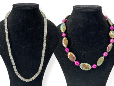 Gorgeous Abalone and Pink Freshwater Pearl Signed Necklace - Layer it With Unique Rock Crystal