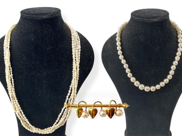 Multi-Strand Rice Pearl Necklace, Vintage Bar Pin and a Strand of Honora Collection Pearls