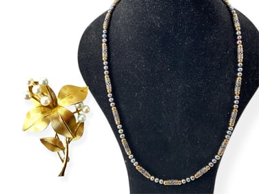 Artisan-Styled Necklace with Gray Pearls and Brooch Styled as Flowers w/Pearl Accents