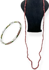 Glowing Red Freshwater New Pearl Necklace from Honora and CloisonnÈ Designed Bangle Bracelet