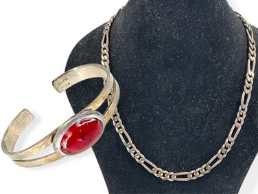 Heavy Silver Figaro Style Chain and Silver Cuff Bracelet w/Red Center Stone