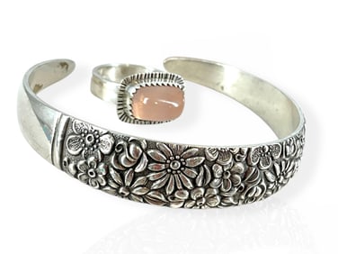 Sterling Floral Bracelet and Rose Quartz Silver Ring