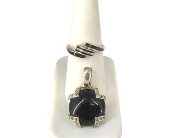 Onyx Pendant in Silver and Silver Ring w/Black Enamel Striping