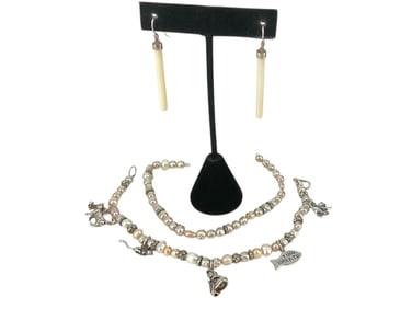 Lovely Mother-of-Pearl Drop Earrings and Freshwater Pearl Bracelet with Sweet Silver Charms