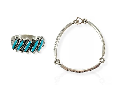 Curved Section Silver Bracelet and Silver Ring w/Needlepoint Turquoise Stones