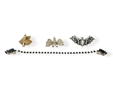 Signed "Napier" Bat Pin, Vintage Rhinestone Butterfly Pin w/Hinged Wings, Rare Sterling Leaf Pin