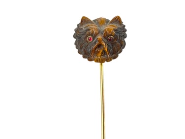Collectible 14k Hand-Carved Antique Tigers Eye Stickpin of a Puppy in Fancy Box