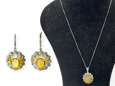 Sterling Silver Ethiopian Opal Cluster Necklace and Earrings