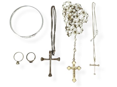Mother-of-Pearl Rosary, Sterling Silver Cross Necklace, Iron Cross on Silver Chain, Two Silver Rings
