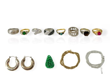 Eight Fashion Rings, Two Fashion Chains and a Pair of Silver Hoop Earrings