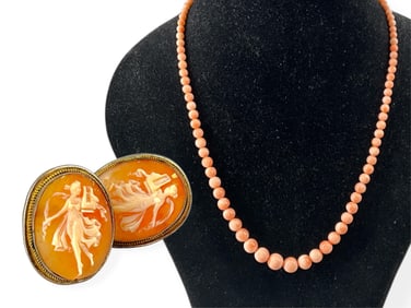 Sweet Vintage Coral Bead Necklace and Vintage Shell Well-Carved Cameo Earrings in Silver