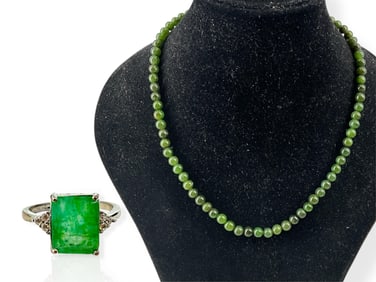 Nephrite Bead Necklace and a Silver-Tone Ring w/Green Stone Center