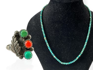Turquoise Bead Necklace and Silver Southwest Ring with Turquoise and Coral Embellishment