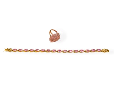 Pretty Pink Ice (Pink CZ) Bracelet and Pink CZ Cluster Ring in Silver w/Rose Gold Overlay