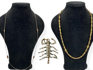 Stylish Silver Chain w/Copper Color Stations, Scorpion Pendant and Shiny Chain in Silver