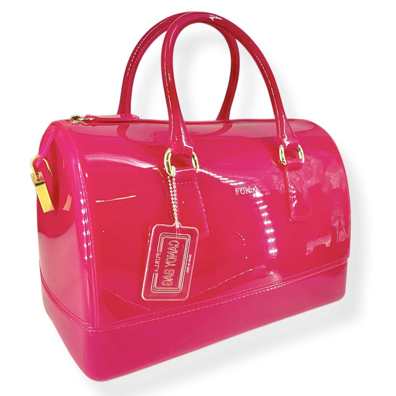 Fancy Fun FURLA Candy Bag in Pink: Fancy Fun FURLA Candy Bag in PinkNeat bag has the consistency of "Jellies" and is a deep pink color, bag is unlined and has a zipper closure, still retains the clear jelly Furla Candy Bag keychain, re
