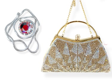 Gorgeous NWT Gold Glittering Evening Bag w/Satin Lining and Silver-Tone Free-Form Pin w/Large