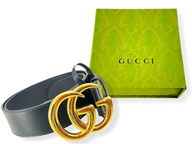 GUCCI Brand Black Leather Belt with Signature Gold-Tone Logo Buckle in the Original Box