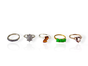 Five Silver Rings in Size 9 with Citrine, Amethyst, Tanzanite and More