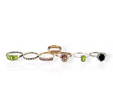 Seven Silver Rings in a Size 8 w/Amethyst, Peridots and More